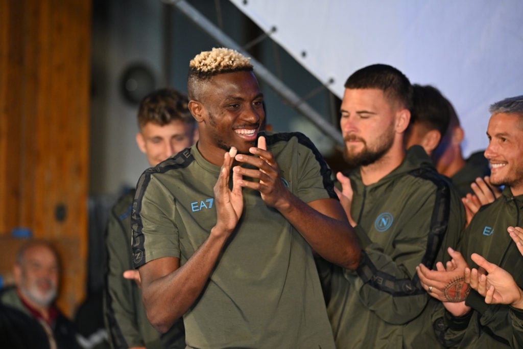SSC Napoli Player Victor Osimhen on stage during SSC Napoli Team presentation in Piazza Madonna della Pace on July 19, 2024 in Dimaro, Italy.