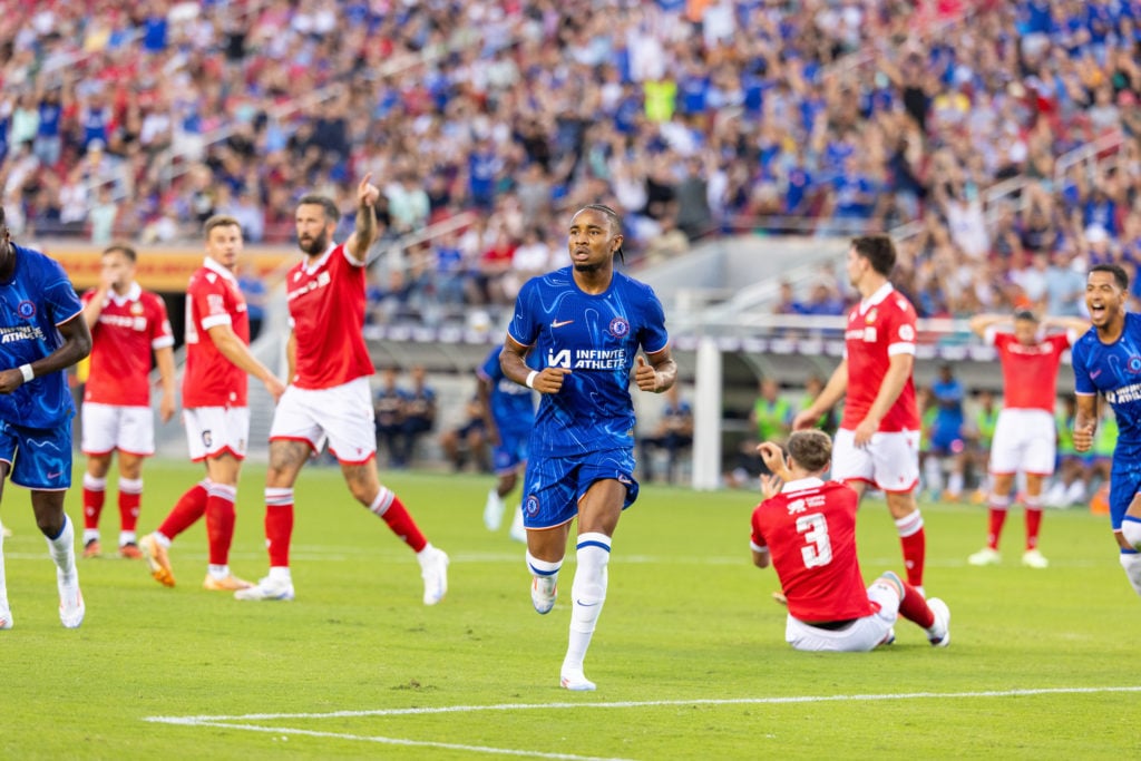 Chelsea forward Christopher Nkunku (18) after his goal during the friendly soccer match between Chelsea and Wrexham on July 24, 2024, at Levi's Sta...