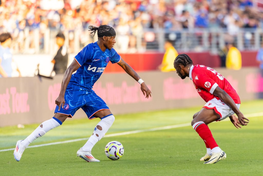 Chelsea forward Noni Madueke (11) controls the ball against Wrexham defender Seb Revan (53) during the friendly soccer match between Chelsea and Wr...