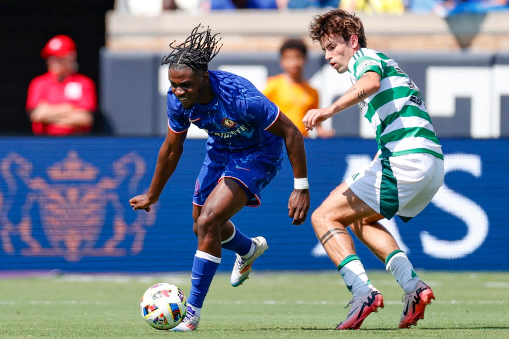 Chelsea's midfielder #45 Romeo Lavia (L) battles for the ball with Celtic's midfielder #33 Matt O'Riley during the first half of the pre-season clu...