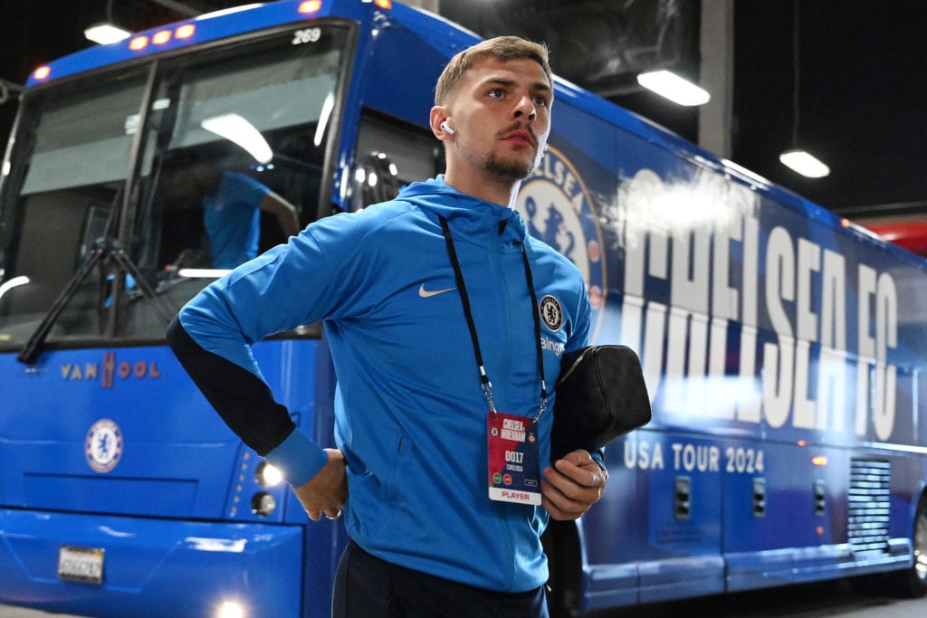Kiernan Dewsbury-Hall of Chelsea arrives prior to the Pre-Season Friendly match between Chelsea FC and Wrexham at Levi's Stadium on July 24, 2024 i...