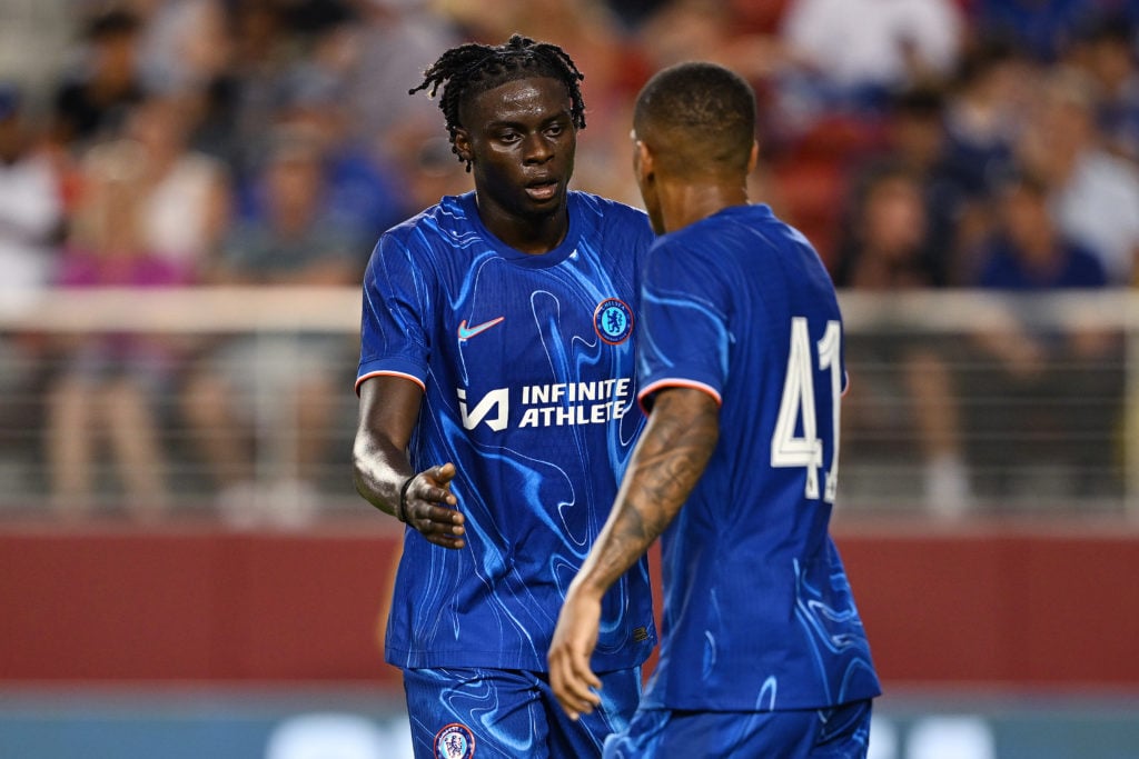 Lesley Ugochukwu celebrates with Angelo of Chelsea after scoring Chelsea's second goal during the Pre-Season Friendly match between Chelsea FC and ...