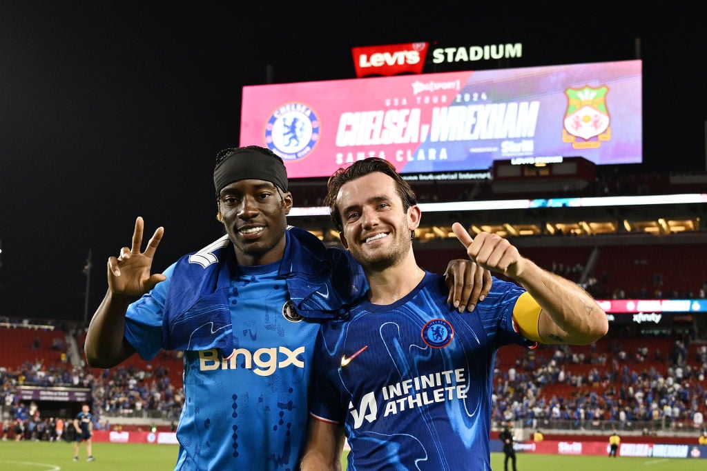 Noni Madueke and Ben Chilwell of Chelsea react following the Pre-Season Friendly match between Chelsea FC and Wrexham at Levi's Stadium on July 24,...