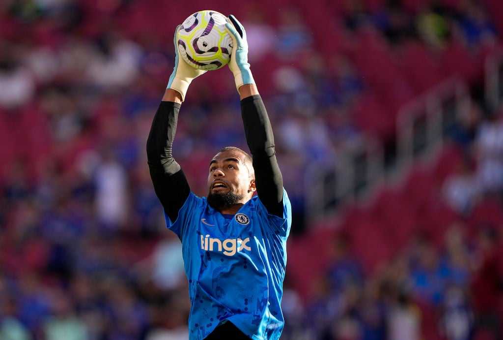 Goal keeper Robert Sanchez # of Chelsea FC warms up prior to a preseason friendly against Wrexham AFC at Levi's Stadium on July 24, 2024 in Santa C...
