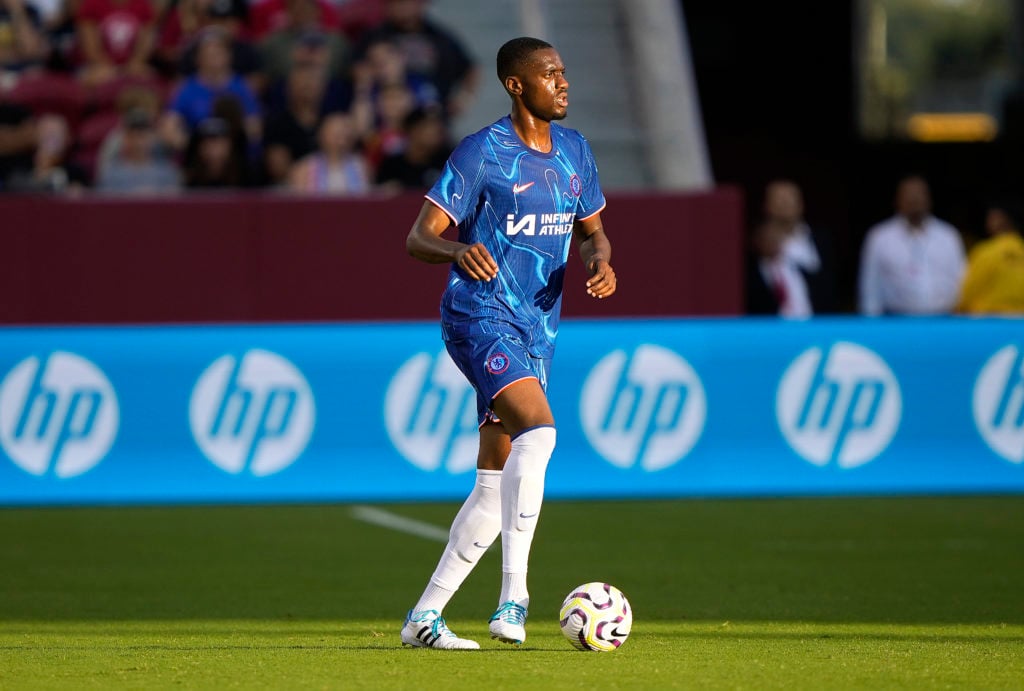 Tosin Adarabioyo #4 of Chelsea FC dribbles the ball up field against Wrexham AFC during the first half of a preseason friendly at Levi's Stadium on...