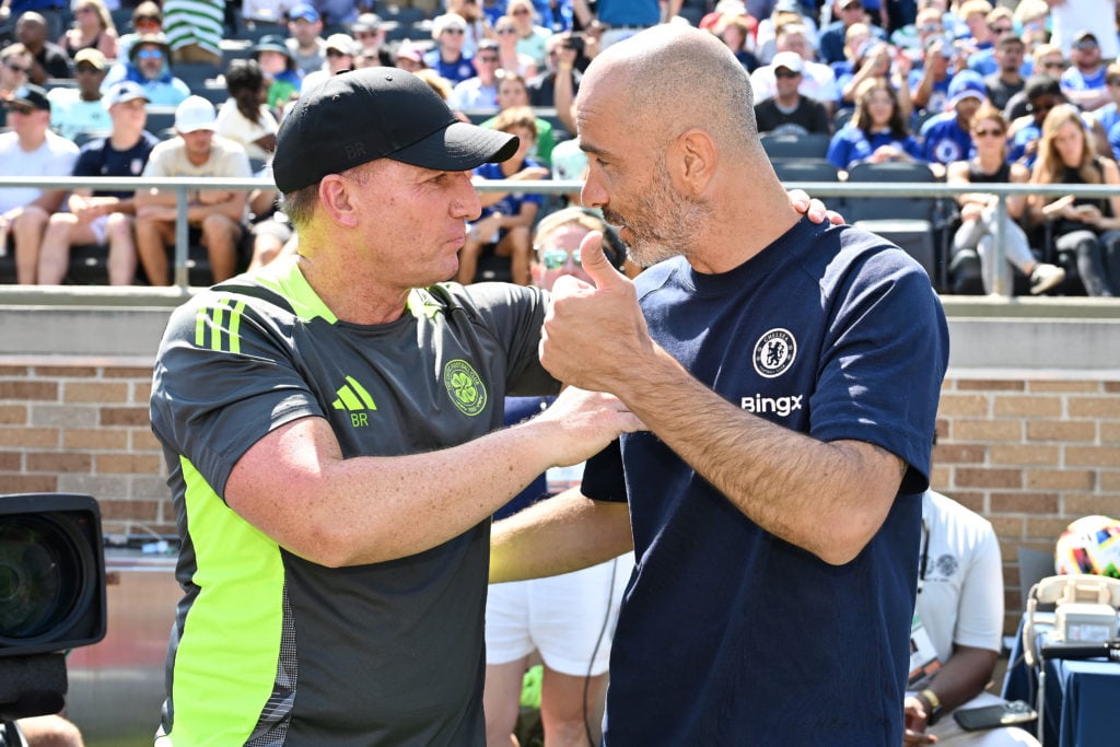 Brendan Rodgers, Head Coach of Celtic and Enzo Maresca, Head Coach of Chelsea greet each other ahead of the Pre-Season Friendly match between Chels...