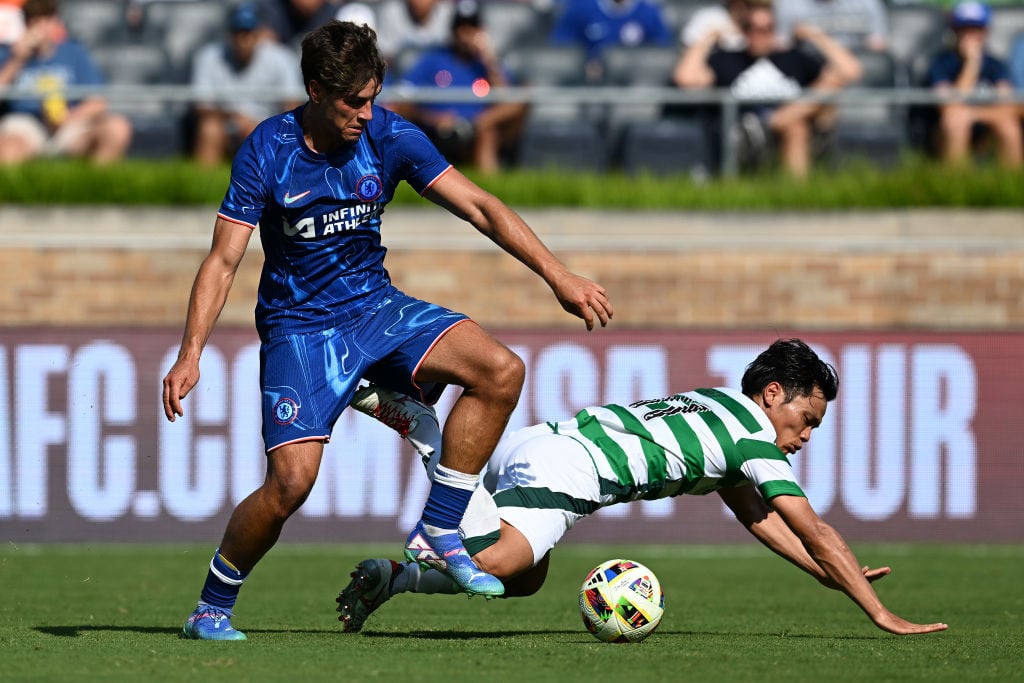 Marc Guiu of Chelsea takes possession of the ball during the Pre-Season Friendly match between Chelsea FC and Celtic at Notre Dame Stadium on July ...