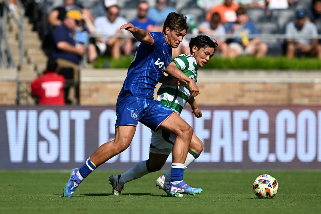 Marc Guiu of Chelsea takes possession of the ball during the Pre-Season Friendly match between Chelsea FC and Celtic at Notre Dame Stadium on July ...
