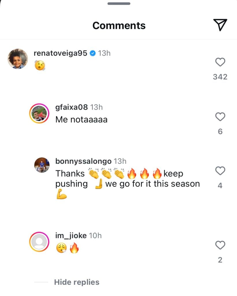 Renato Veiga replying to Andrey Santos with shaking emoji on Instagram
