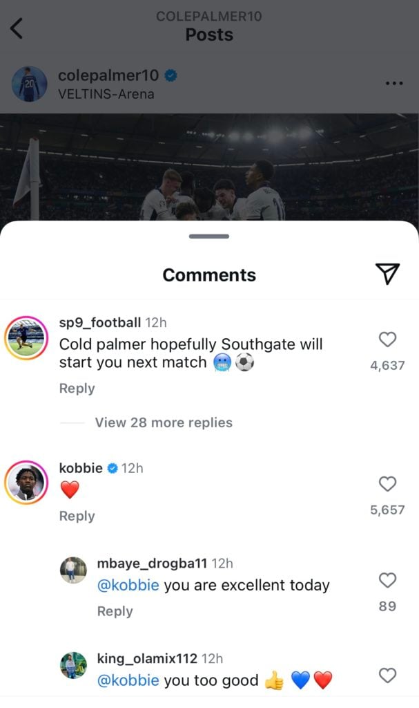Kobbie Mainoo sends love heart emoji to Cole Palmer on Instagram