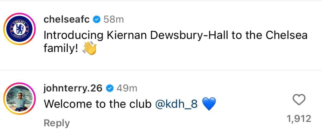 John Terry reacts to Kiernan Dewsbury-Hall signing