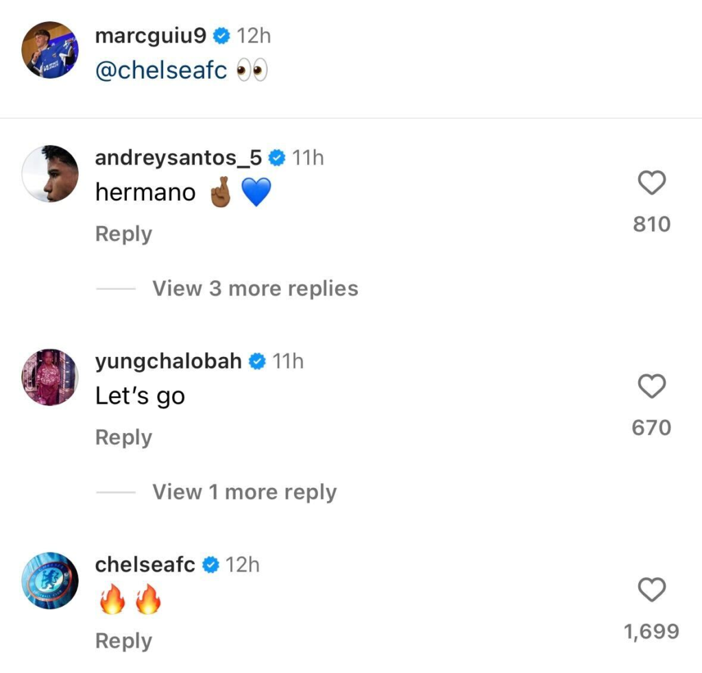 Marc Guiu uploads message after joining Chelsea training, Trevoh Chalobah responds