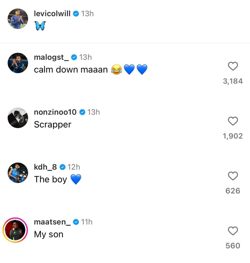 Noni Madueke and Malo Gusto react to what Chelsea teammate Levi Colwill has just done