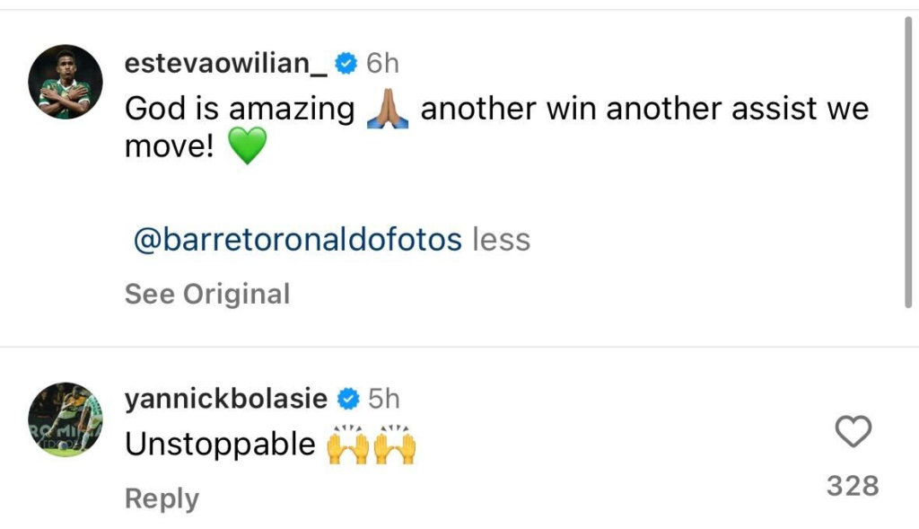Yannick Bolasie responds to Estevao Willian on Instagram