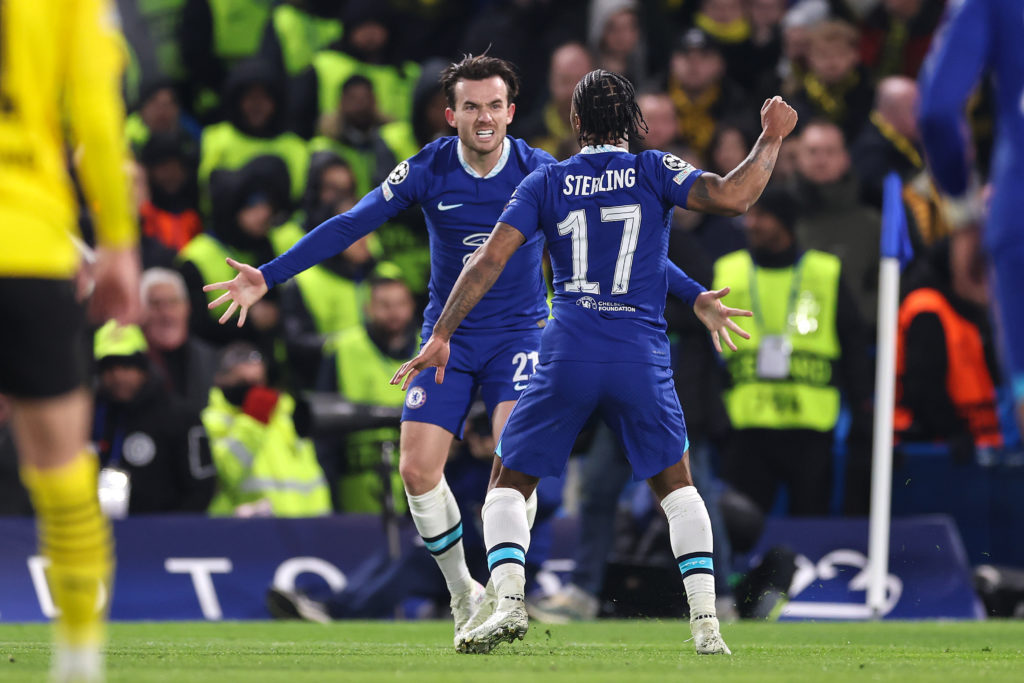 Raheem Sterling of Chelsea celebrates scoring the opening goal with Ben Chilwell during the UEFA Champions League round of 16 leg two match between...