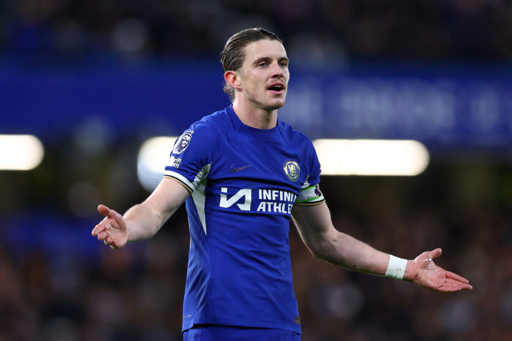 Conor Gallagher of Chelsea gestures during the Premier League match between Chelsea FC and Crystal Palace at Stamford Bridge on December 27, 2023 i...