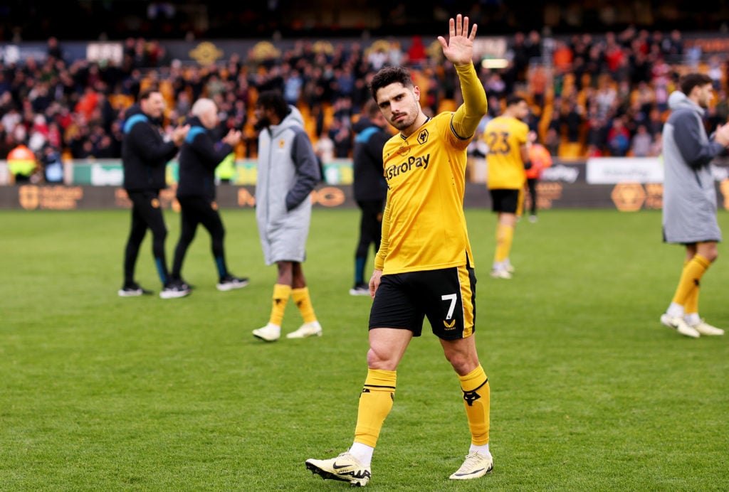 Pedro Neto of Wolverhampton Wanderers shows appreciation to the fans following victory in the Premier League match between Wolverhampton Wanderers ...