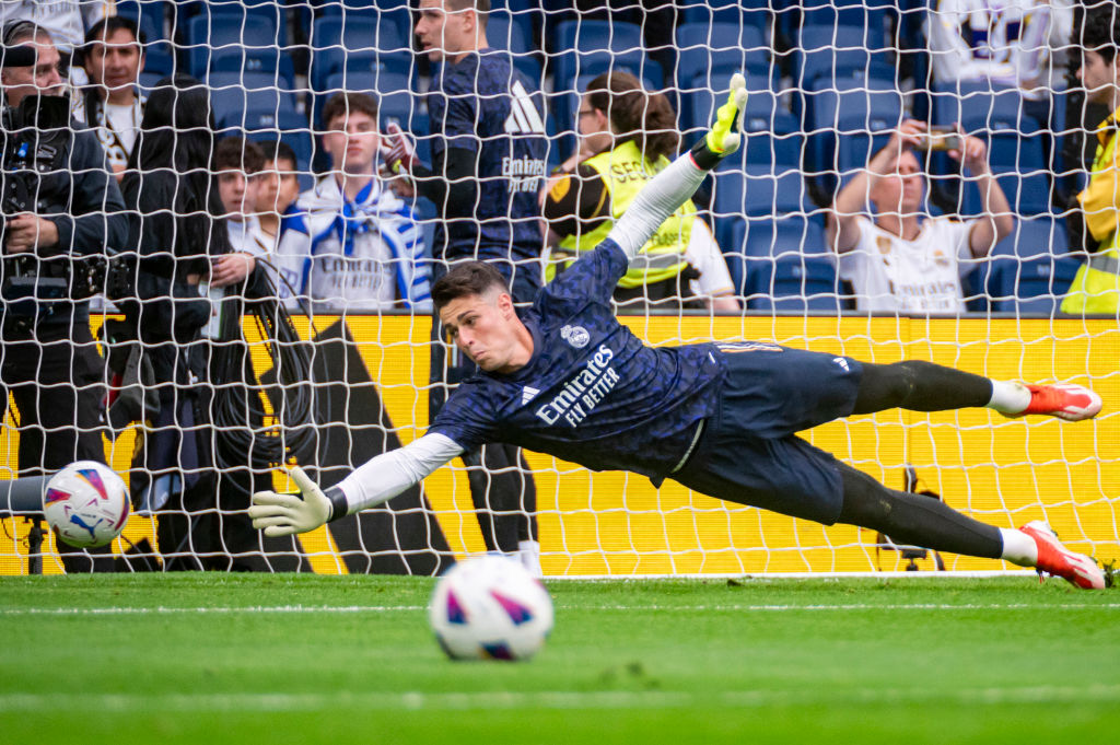 Kepa Arrizabalaga of Real Madrid is warming up during the La Liga EA Sports 2023/24 football match between Real Madrid and Cadiz CF at Estadio Sant...
