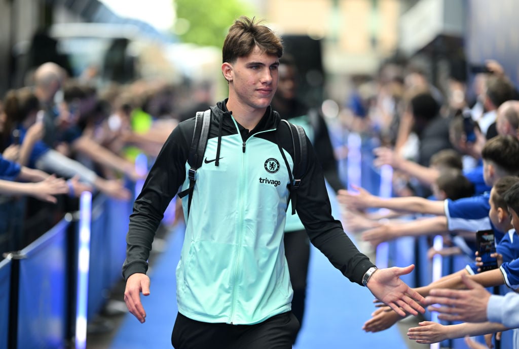 Cesare Casadei of Chelsea arrives at the stadium prior to the Premier League match between Chelsea FC and AFC Bournemouth at Stamford Bridge on May...