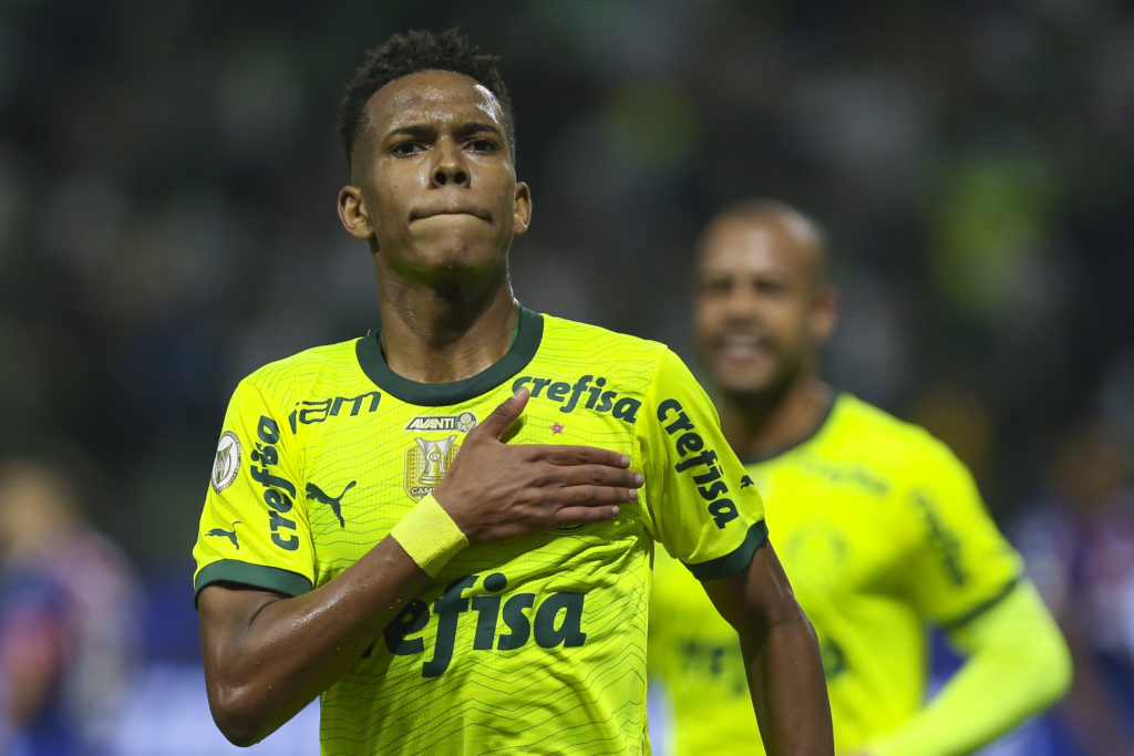 Estevao of Palmeiras celebrates after scoring the team´s first goal during the match between Palmeiras and Bahia at Allianz Parque on July 7, 2024 ...
