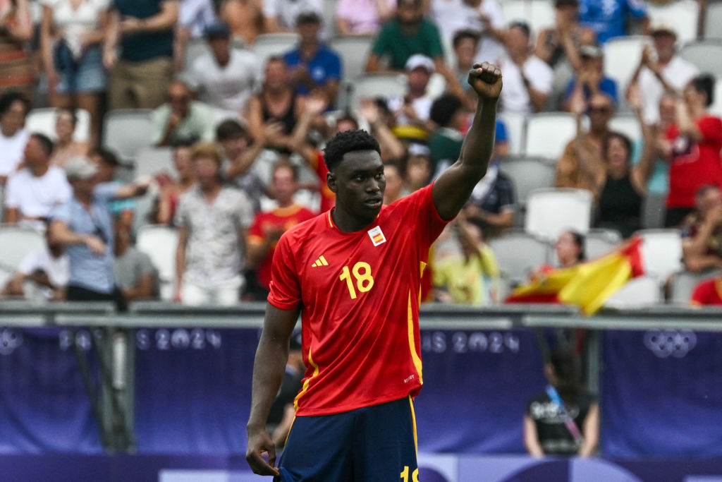 Spain's forward #18 Samu Omorodion celebrates after scoring a goal in the men's group C football match between Spain and Egypt during the Paris 202...
