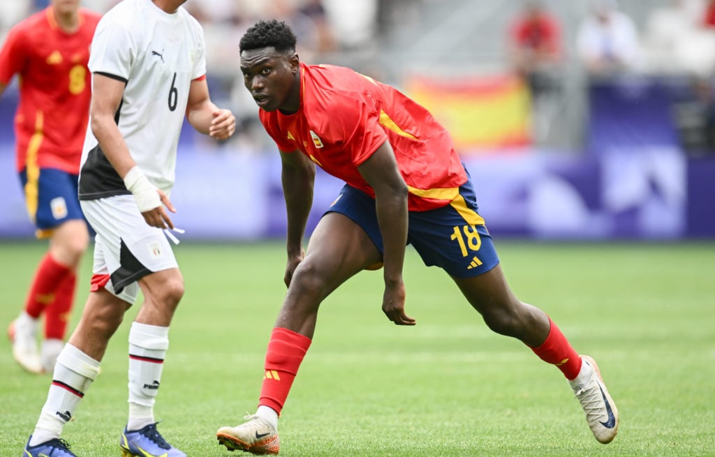 Omorodion Samu of Spain during Paris 2024 Olympic Games match between Spain U23 and Egypt U23 at Stade Matmut Atlantique on July 30, 2024 in Bordea...