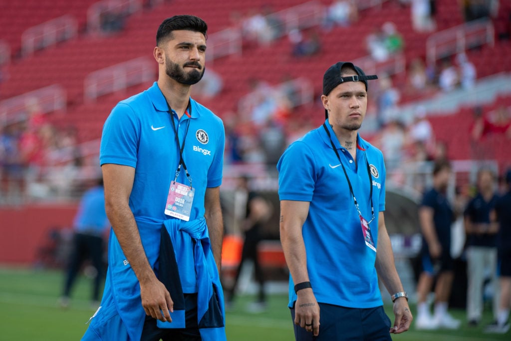 Armando Broja #19 and Mykhailo Mudryk #10 of Chelsea FC enter the field at Levi's Stadium on July 24, 2024 in Santa Clara, California.