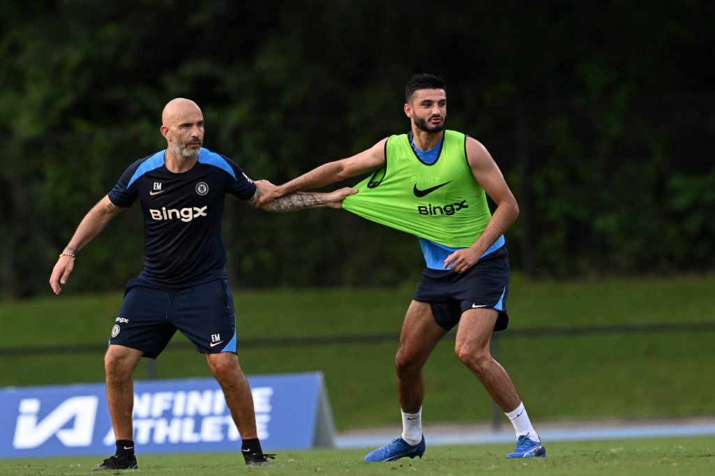 Head Coach Enzo Maresca and Armando Broja of Chelsea during a training session at PACE Academy on July 30, 2024 in Atlanta, Georgia.