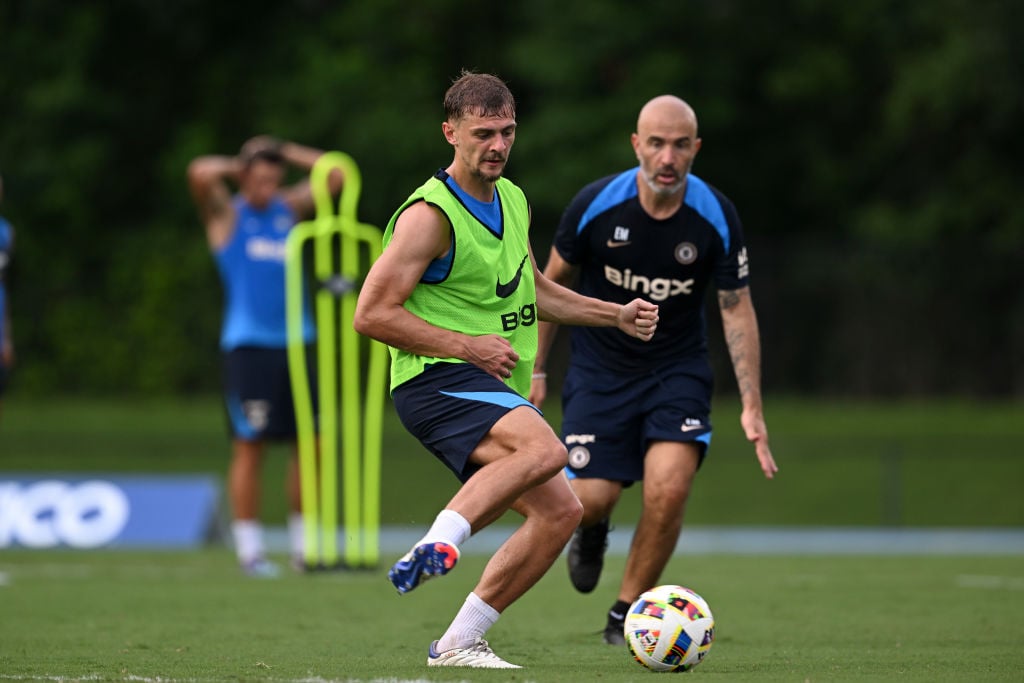 Kiernan Dewsbury-Hall and Head Coach Enzo Maresca of Chelsea during a training session at PACE Academy on July 30, 2024 in Atlanta, Georgia.