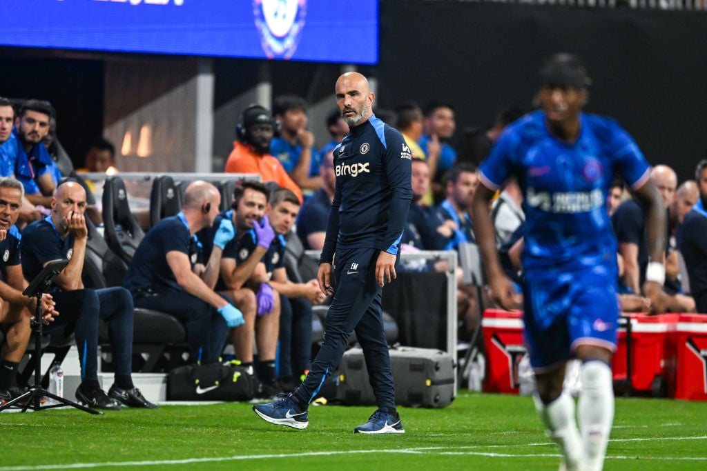 Chelsea head coach Enzo Maresca reacts on the sideline during the friendly between Chelsea FC and Club America on July 31st, 2024 at Mercedes-Benz ...