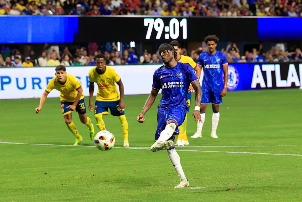 Chelsea FC midfielder Noni Madueke (11) shoots a penalty kick during the soccer match between Chelsea FC and Club America on July 31, 2024 at the M...