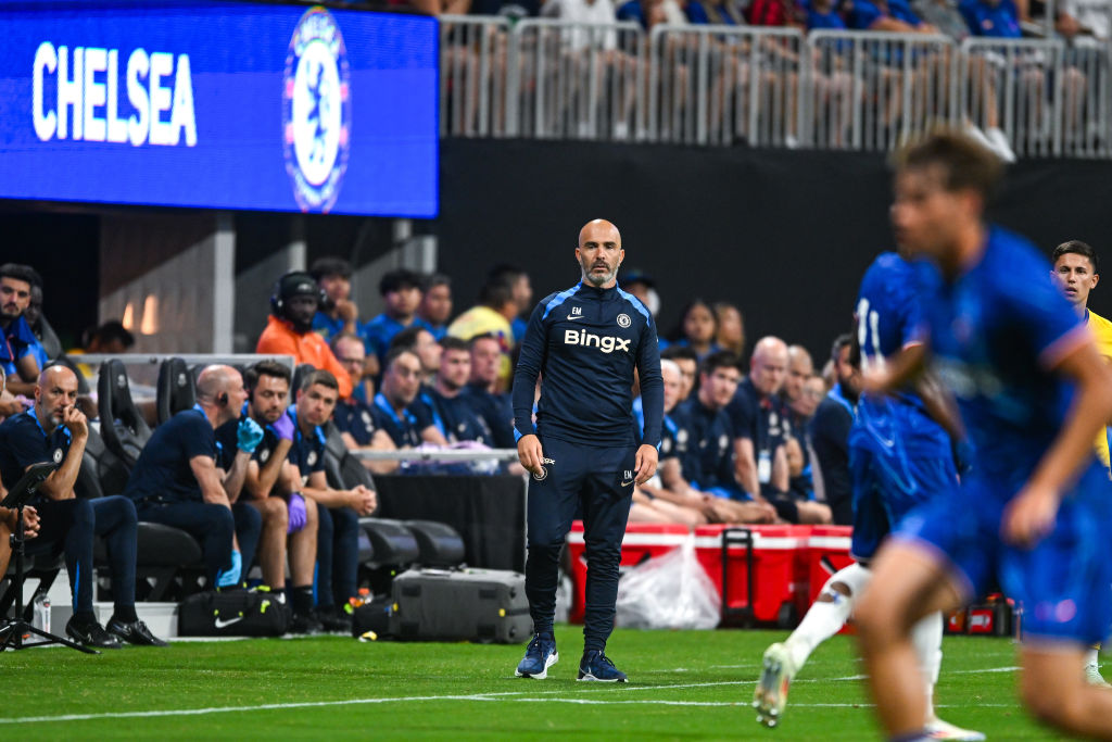 Chelsea head coach Enzo Maresca reacts on the sideline during the friendly between Chelsea FC and Club America on July 31st, 2024 at Mercedes-Benz ...