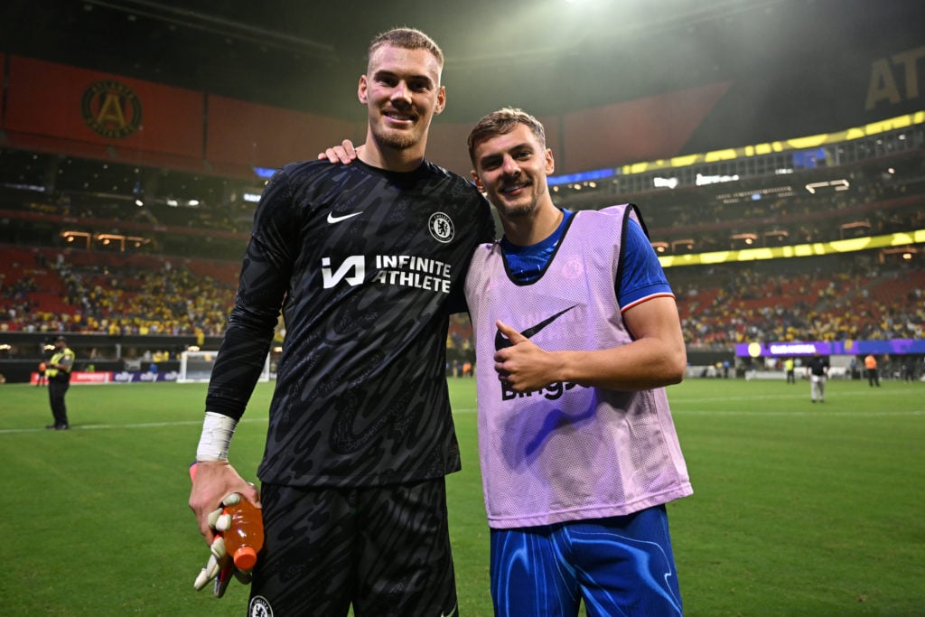 Filip Jorgensen of Chelsea poses with Kiernan Dewsbury-Hall at the end of  the Pre-Season Friendly match between Chelsea FC and Club America at Mer...