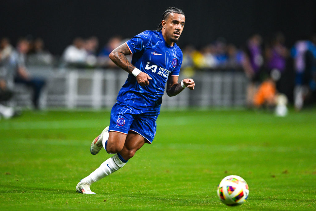 Chelsea FC defender Malo Gusto (27) looks to pass during the friendly between Chelsea FC and Club America on July 31st, 2024 at Mercedes-Benz Stadi...