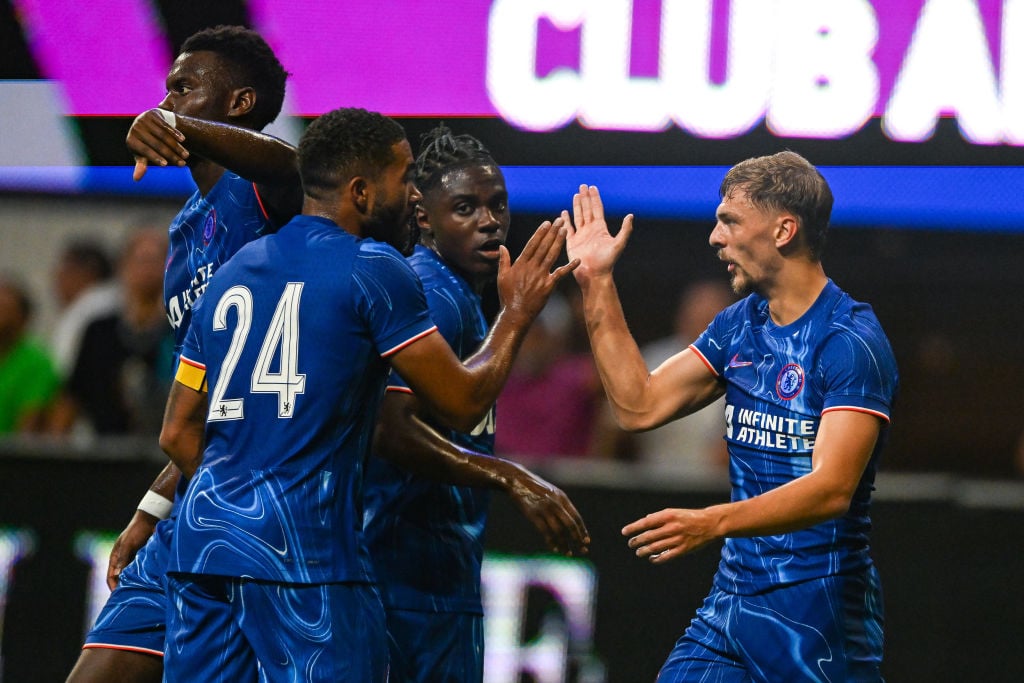 Chelsea FC defender Reece James (24) congratulates midfielder Kiernan Dewsbury-Hall (22) after a first-half goal during the friendly between Chelse...