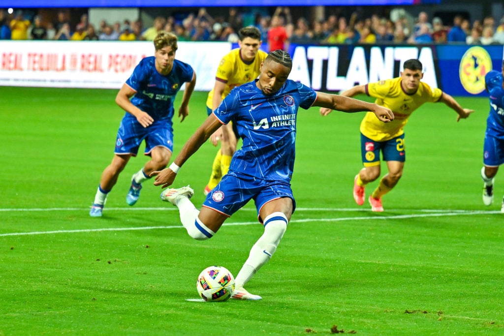 Chelsea FC forward Christopher Nkunku (18) takes a penalty kick during the friendly between Chelsea FC and Club America on July 31st, 2024 at Merce...