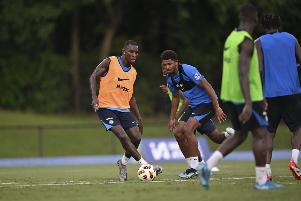 Nicolas Jackson and Wesley Fofana of Chelsea during a training session at PACE Academy on August 1, 2024 in Atlanta, Georgia.