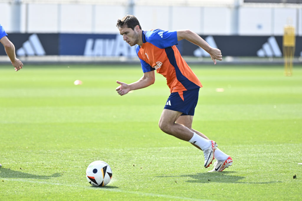 Federico Chiesa of Juventus during a training session at JTC on July 30, 2024 in Turin, Italy.