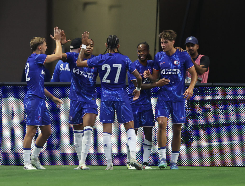 Members of Chelsea FC celebrate after a goal during the pre-season friendly match against Club America at Mercedes-Benz Stadium on July 31, 2024 in...