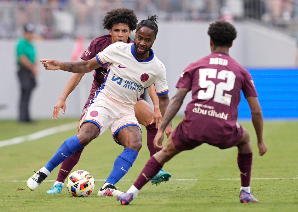 Raheem Sterling #7 of Chelsea controls the ball against Oscar Bobb #52 of Manchester City in the second half of a pre-season match at Ohio Stadium ...