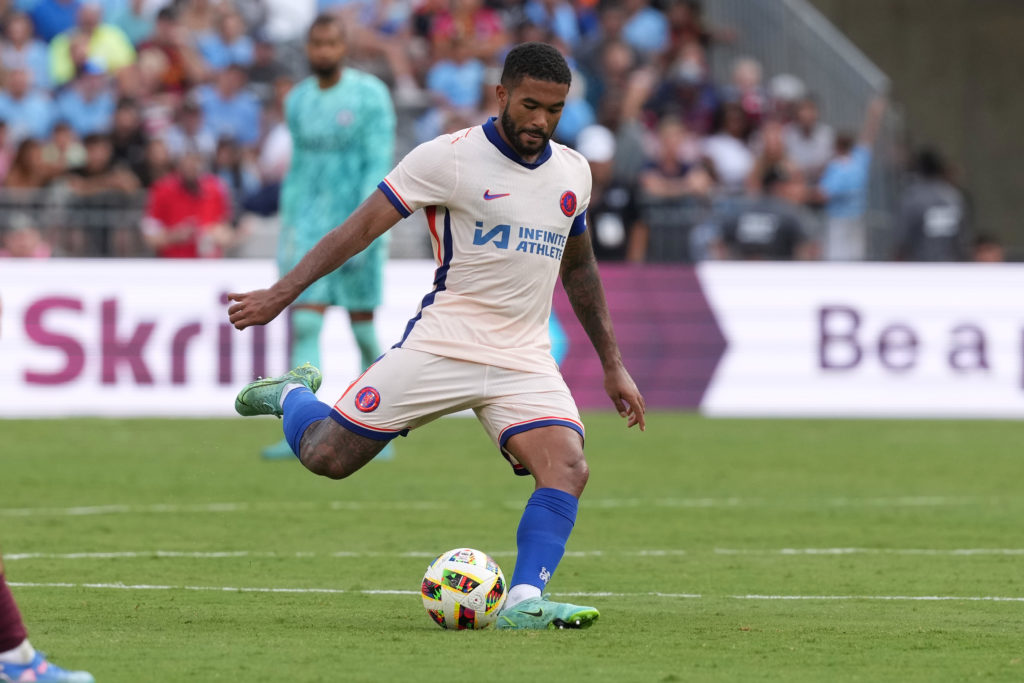 Reece James #24 of Chelsea FC in action during a pre-season friendly against Manchester City at Ohio Stadium on August 03, 2024 in Columbus, Ohio.