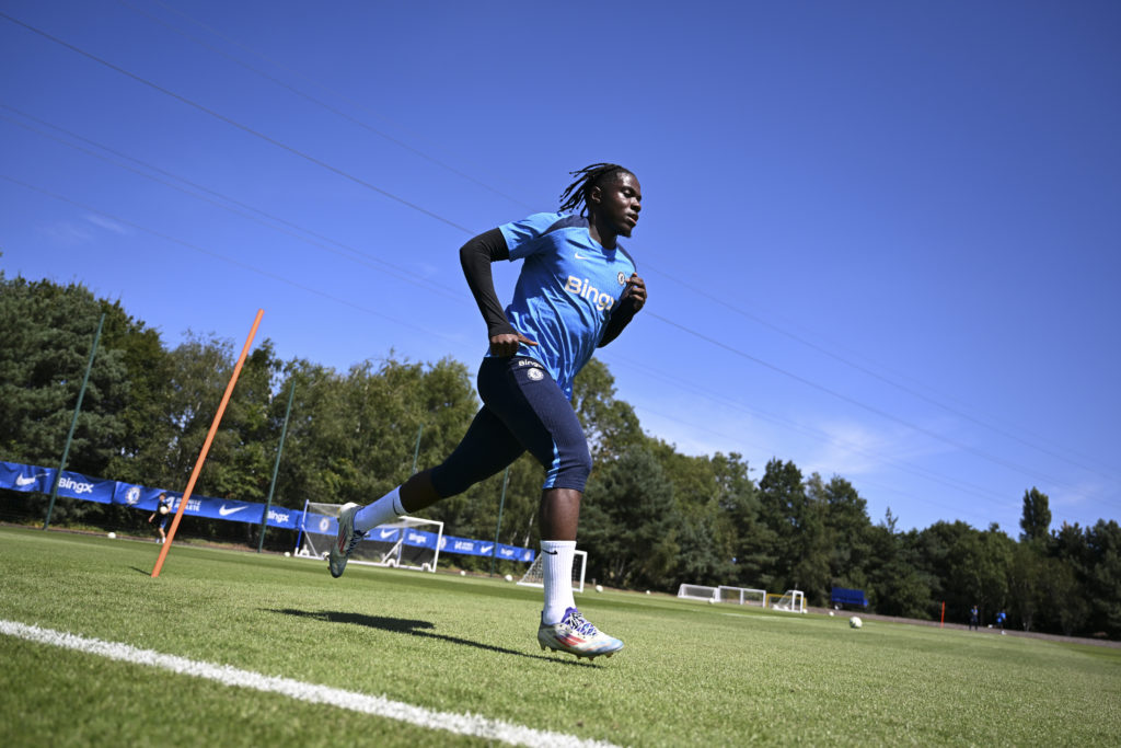 Romeo Lavia of Chelsea during a session at Chelsea Training Ground on August 13, 2024 in Cobham, England.