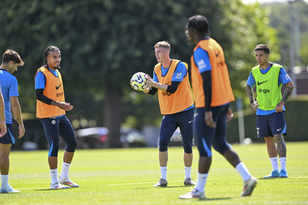 Malo Gusto and Cole Palmer of Chelsea during a training session at Chelsea Training Ground on August 16, 2024 in Cobham, England.