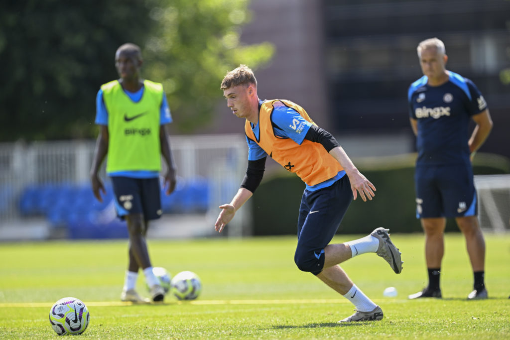 Cole Palmer of Chelsea during a training session at Chelsea Training Ground on August 16, 2024 in Cobham, England.