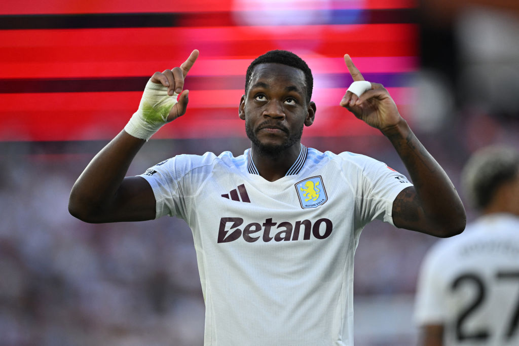 Aston Villa's Columbian striker #09 Jhon Duran celebrates after scoring their second goal during the English Premier League football match between ...