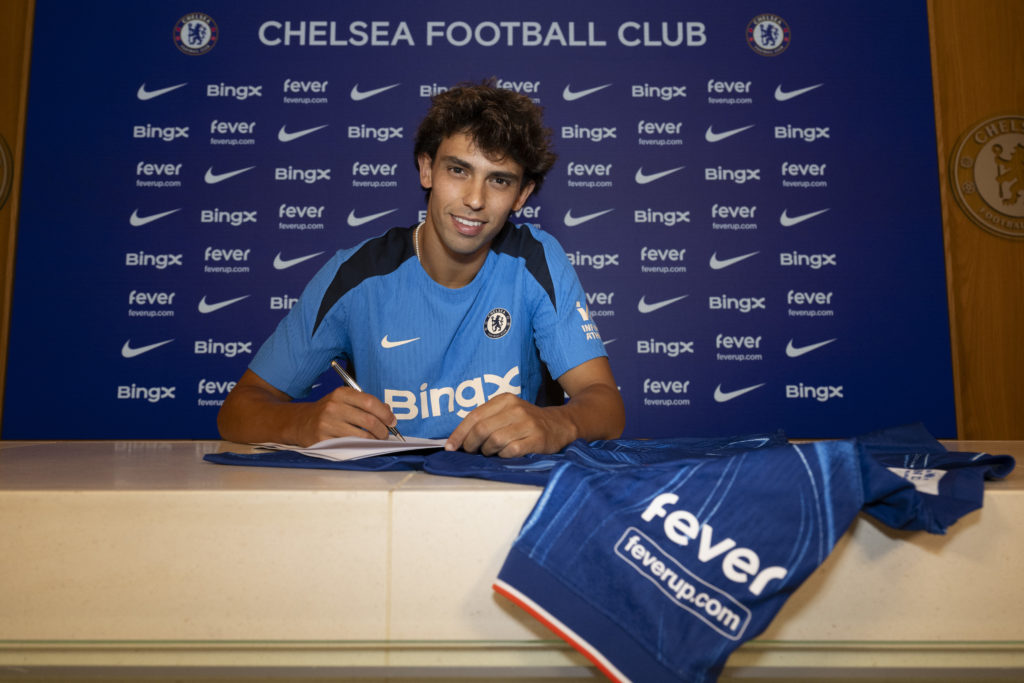 Chelsea unveil new signing Joao Felix at Chelsea Training Ground on August 20, 2024 in Cobham, England.