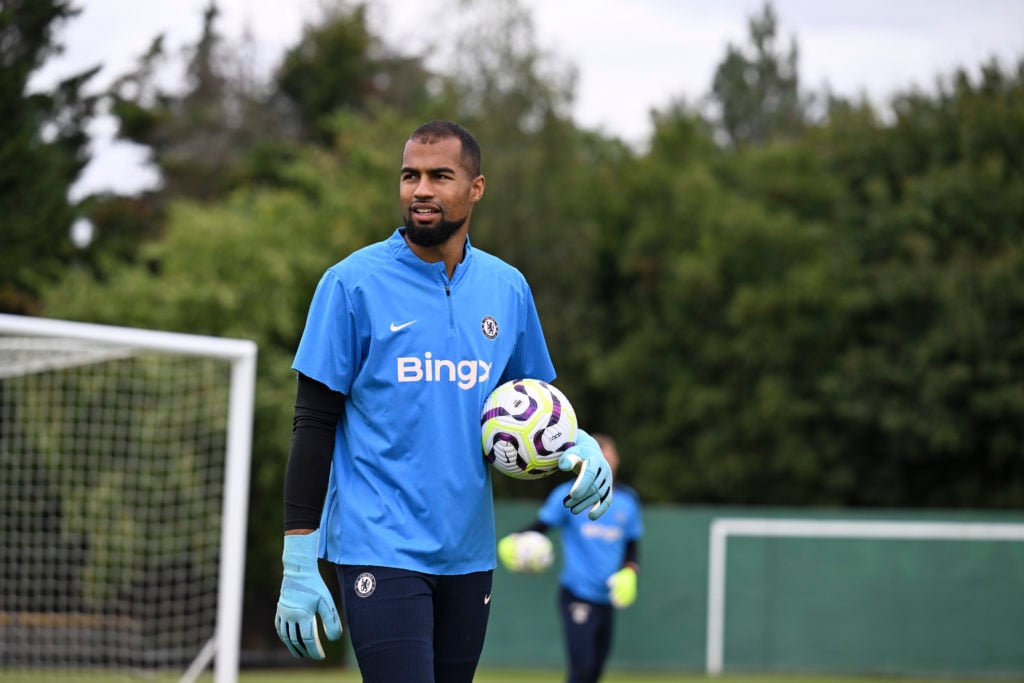 Robert Sanchez of Chelsea during a training session at Chelsea Training Ground on August 21, 2024 in Cobham, England.