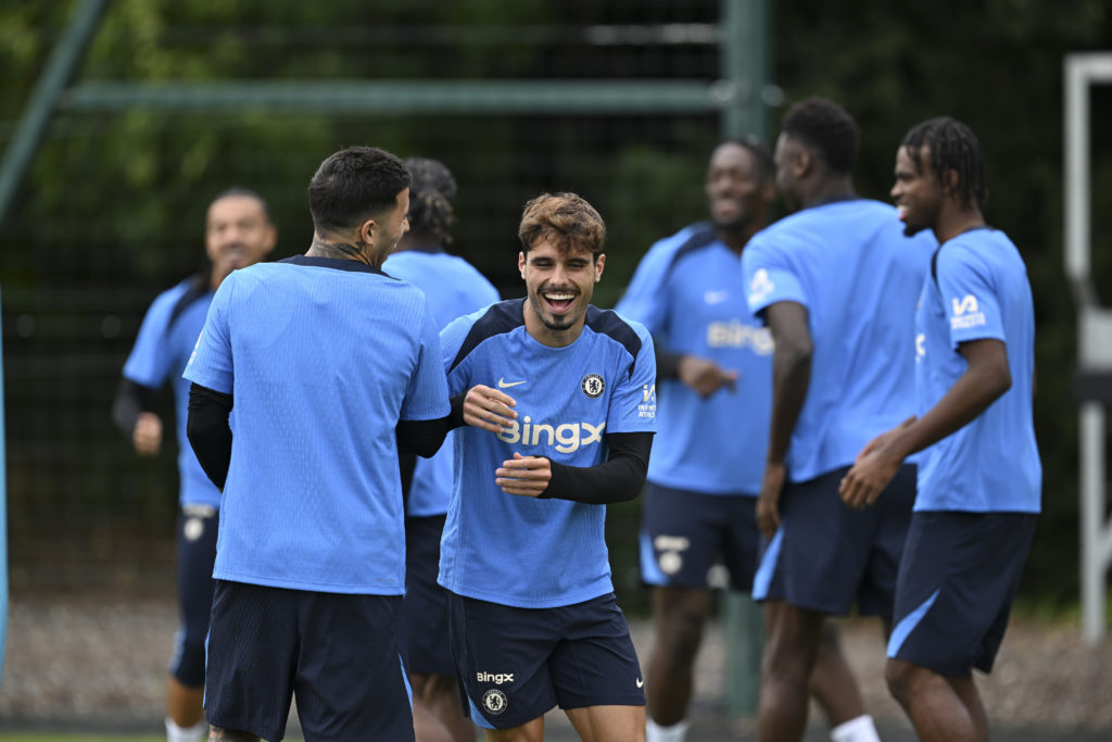 Pedro Neto of Chelsea during a training session at Chelsea Training Ground on August 21, 2024 in Cobham, England.