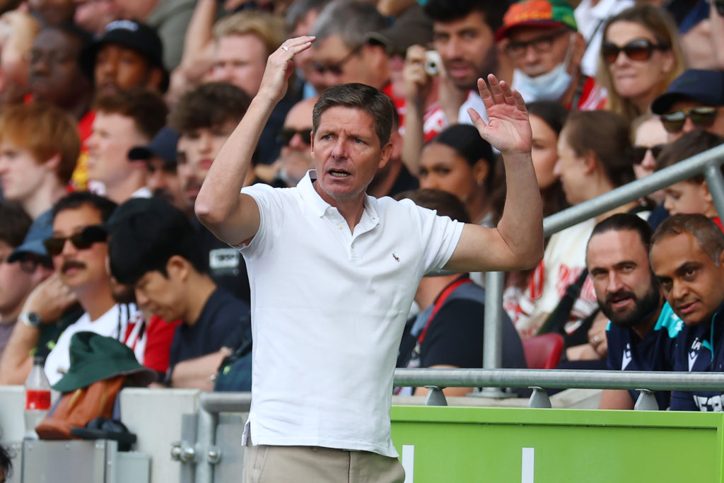 Crystal Palace manager Oliver Glasner throws arms in the air