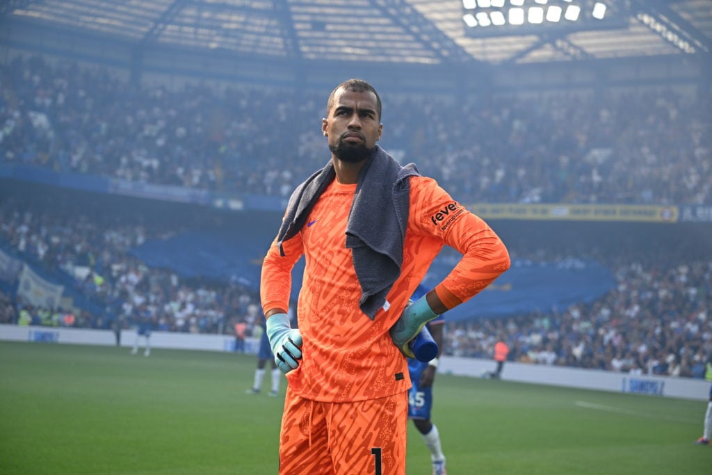 Robert Sanchez of Chelsea looks on prior to the Premier League match between Chelsea FC and Manchester City FC at Stamford Bridge on August 18, 202...